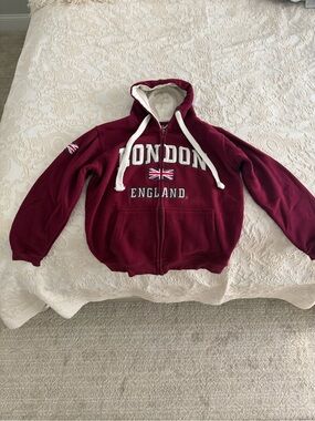 Burgundy 'London England' Hooded Zip Jacket - No Brand